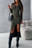 Elegant Solid Bandage Slit V Neck Long Sleeve Two Pieces