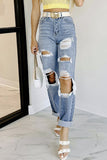 Purpdrank - Casual Solid Ripped Pocket High Waist Loose Denim Jeans