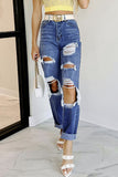 Purpdrank - Casual Solid Ripped Pocket High Waist Loose Denim Jeans