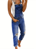 Purpdrank Women's Casual Ripped Denim Overalls - Adjustable Straps, Slash Pockets, Distressed Gray Flare Leg Jumpsuit, Polyester, Perfect for Spring/Summer/Fall, Plain Buttons, Backless, Pencil Long Pants