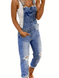 Purpdrank Women's Casual Ripped Denim Overalls - Adjustable Straps, Slash Pockets, Distressed Gray Flare Leg Jumpsuit, Polyester, Perfect for Spring/Summer/Fall, Plain Buttons, Backless, Pencil Long Pants