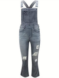 Purpdrank Women's Casual Ripped Denim Overalls - Adjustable Straps, Slash Pockets, Distressed Gray Flare Leg Jumpsuit, Polyester, Perfect for Spring/Summer/Fall, Plain Buttons, Backless, Pencil Long Pants