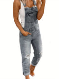 Purpdrank Women's Casual Ripped Denim Overalls - Adjustable Straps, Slash Pockets, Distressed Gray Flare Leg Jumpsuit, Polyester, Perfect for Spring/Summer/Fall, Plain Buttons, Backless, Pencil Long Pants