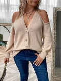 Purpdrank Women's Plus Size Elegant Off-Shoulder Knit Sweater, Polyester Long Sleeve Pullover with V-Neck, Slight Stretch, and Solid Color for Fall/Winter