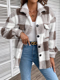 Purpdrank Cozy Plaid Faux Fur Fuzzy Coat - Stylish Button Front Long Sleeve Warm Outerwear - Designed for Womens Fall & Winter Fashion