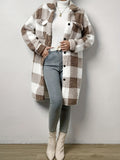 Purpdrank Plaid Pattern Fuzzy Button Front Coat, Casual Drop Shoulder Long Sleeve Outwear For Fall & Winter, Women's Clothing