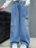 Girls Y2K Denim Jean Pants, Fashionable Straight-Leg Cargo Jeans with Multiple Pockets, Stretch Waistband, Comfortable Fabric for All Seasons, Long Length, Casual Outdoor, Skateboarding & Rollerblading, for Ages 7-15