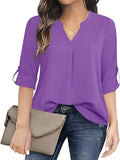 Purpdrank Chic Solid V-Neck Blouse - Fashionable simplicity for Women - Relaxed Casual Long Sleeve Style