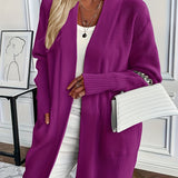 Purpdrank Plus Size Solid Color Open Front Knitted Cardigan, Casual Long Sleeve Cardigan For Fall & Winter, Women's Plus Size Clothing