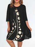 Elegant Women's 3/4 Sleeve Crew Neck Abstract Print Layered Dress for Daily Wear