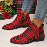 Purpdrank Women's Plaid Ankle Boots, Christmas Style Chunky Low Heeled Boots, Side Zipper Short Boots