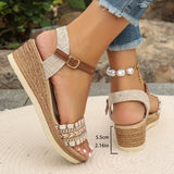 Purpdrank [Summer Rhinestone Wedge Sandals] Women's Casual Wedge Sandals - Open Toe, Ankle Strap, Summer Fashion with Rhinestone Accents, for Spring