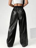 Stretchy PU Leather Women's Skinny Pants, Side Stripe Casual Sports Trousers for Fall/Winter