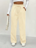 Solid Drawstring Pants, Casual Wide Leg Elastic Waist Pants, Women's Clothing