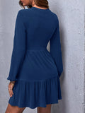 Plain Color Crew Neck Dress, Elegant Long Sleeve Ruffle Hem A-line Dress For Spring & Fall, Women's Clothing