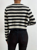 Chic Black & White Striped Knit Cardigan - Casual Long Sleeve Button-Up Sweater for Women, Perfect for Fall/Winter