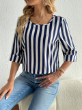 Half Sleeve Stripe Print Crew Neck Blouse for Spring & Fall, Casual Women's Clothing