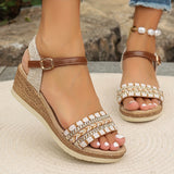 Purpdrank [Summer Rhinestone Wedge Sandals] Women's Casual Wedge Sandals - Open Toe, Ankle Strap, Summer Fashion with Rhinestone Accents, for Spring