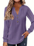 Purpdrank Plus Size Womens Soft Cable Knit Top with Trendy Button Detail - V Neck, Long Sleeve, Slight Stretch for Casual Comfort