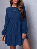 Plain Color Crew Neck Dress, Elegant Long Sleeve Ruffle Hem A-line Dress For Spring & Fall, Women's Clothing