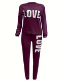 Chic Love Letter Printed Womens Two-piece Set - Comfy Long Sleeve Top & Stylish Pants for Fall & Winter