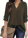 Purpdrank Chic Solid V-Neck Blouse - Fashionable simplicity for Women - Relaxed Casual Long Sleeve Style