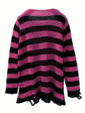 Stylish Off-The-Shoulder Color Block Knit Sweater - Ripped & Semi-Sheer, Perfect for Spring to Fall