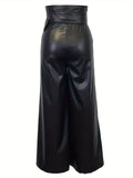 Elegant Wide-Leg PU Leather Pants with Metal Belt - Non-Sheer, Solid Color, All-Season Fashion for Women