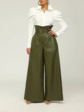 1pc Women'S High-Waisted Faux Leather Wide Leg Pants, Casual Loose Fit Cropped Trousers with Zipper Detail, Solid Color Straight Leg for Weekend Casual - All Seasons