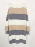 Chic Striped Knit Sweater Dress - Casual Crew Neck, Long Sleeve, Mid-Length with Drop Shoulder Design for Women