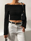 Purpdrank Elegant Off-Shoulder Crop Sweater - Solid Ribbed Knit for Spring to Fall | Versatile & Chic