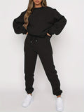 Solid Casual Two-piece Set, Crew Neck Long Sleeve Tops & Drawstring Jogger Pants Oufits, Women's Clothing