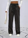 Solid Drawstring Pants, Casual Wide Leg Elastic Waist Pants, Women's Clothing