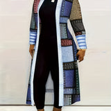 Purpdrank Colorblock Geometric Print Cardigan, Casual Long Sleeve Open Front Long Cardigan, Women's Clothing