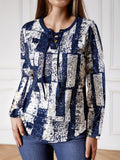 All Over Print Tie Front T-Shirt, Casual Long Sleeve Top For Spring & Fall, Women's Clothing