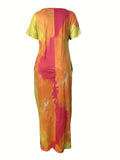 Plus Size Elegant Maxi Dress - Tie Dye Print, Short Sleeve, Pocket, Medium Stretch, Comfortable, Flowy, Long Dress for Women