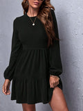 Plain Color Crew Neck Dress, Elegant Long Sleeve Ruffle Hem A-line Dress For Spring & Fall, Women's Clothing