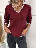 Purpdrank Scallop Trim Knit Sweater, Casual V Neck Long Sleeve Sweater, Women's Clothing