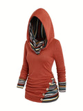 Trendy Ethnic Print Hoodie for Women - Stylish Button Accent, Comfortable Long Sleeve, Hooded Top - Perfect Fashionable Womens Casual Wear