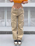 Y2K Vintage & Kpop Bootcut Cargo Pants for Women - All-Season, Cotton Blend, Street Style with Square Pockets & Washed Detail Khaki