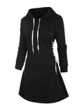 Cozy Solid Side Drawstring Hooded Maxi Dress - Women's Casual Long Sleeve Cinched Waist Dresses for Everyday Wear - Comfortable and Versatile