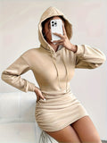 Cozy Ruched Drawstring Hoodie Dress - Women's Long Sleeve Casual Dresses for Spring and Fall - Soft, Breathable, and Comfortable Clothing for Everyday Wear