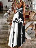 Skeleton Print Spaghetti Strap Dress, Casual Color Block Sleeveless Cami Dress, Women's Clothing