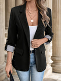 Purpdrank Elegant Black Blazer - Single-Breasted, Long Sleeve, Lapel Collar, White Stripe Detail, Roll-Up Option, Machine Washable - Perfect for Work & Date Night