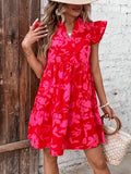 Floral Print V Neck Dress, Elegant Flutter Sleeve Ruffle Hem Dress For Spring & Summer, Women's Clothing