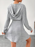 Solid Color Ribbed Dress Set, Long Sleeve Hoodie Shrug Top & Sleeveless Square Neck A-line Tank Dress Outfits, Women's Clothing