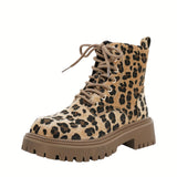 Women's Leopard Print Boots, Side Zipper Comfy Platform Soft Sole Boots, Winter Round Toe Ankle Boots