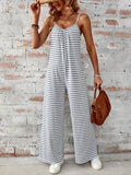 Striped Print Scoop Neck Jumpsuit, Casual Backless Ruched Spaghetti Strap Wide Leg Cami Jumpsuit, Women's Clothing