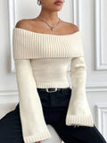 Purpdrank Elegant Off-Shoulder Crop Sweater - Solid Ribbed Knit for Spring to Fall | Versatile & Chic