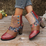 Purpdrank Women's Floral Pattern Boots, Side Zipper Casual Chunky Heel Ankle Boots, Versatile Round Toe Boots